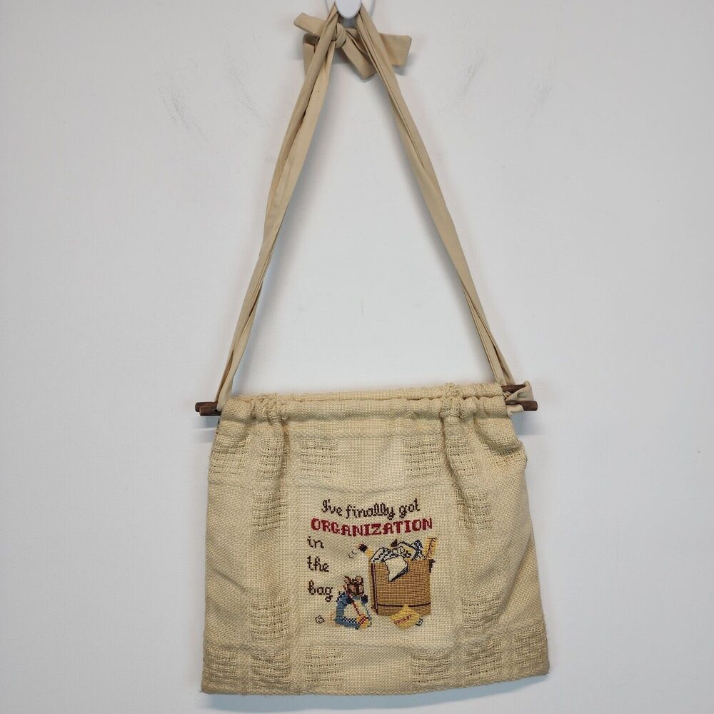 Vintage Needlepoint Storage Tote Bag Handmade Sewing Knitting Cottage Granny